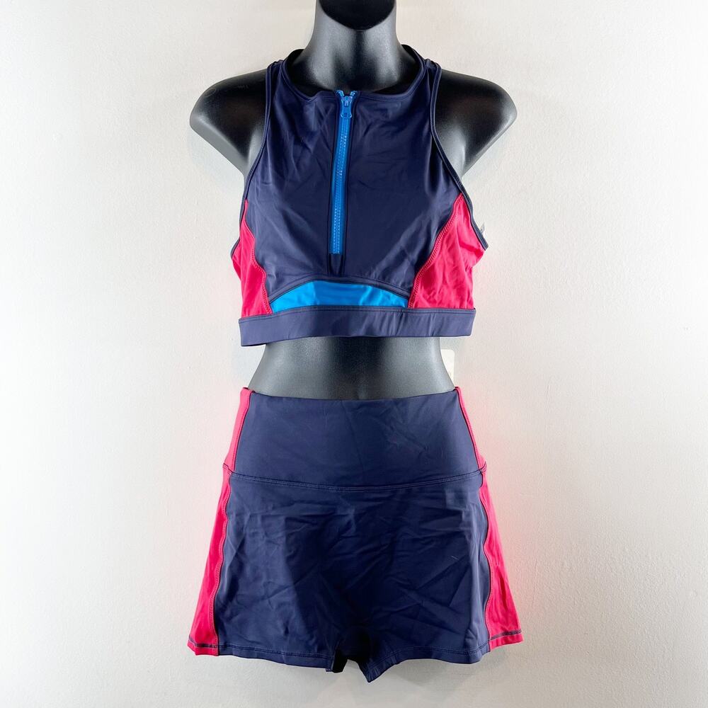 Fabletics Gabriella Swim Top and High Waisted Swim Shorts Navy Blue Red 1X